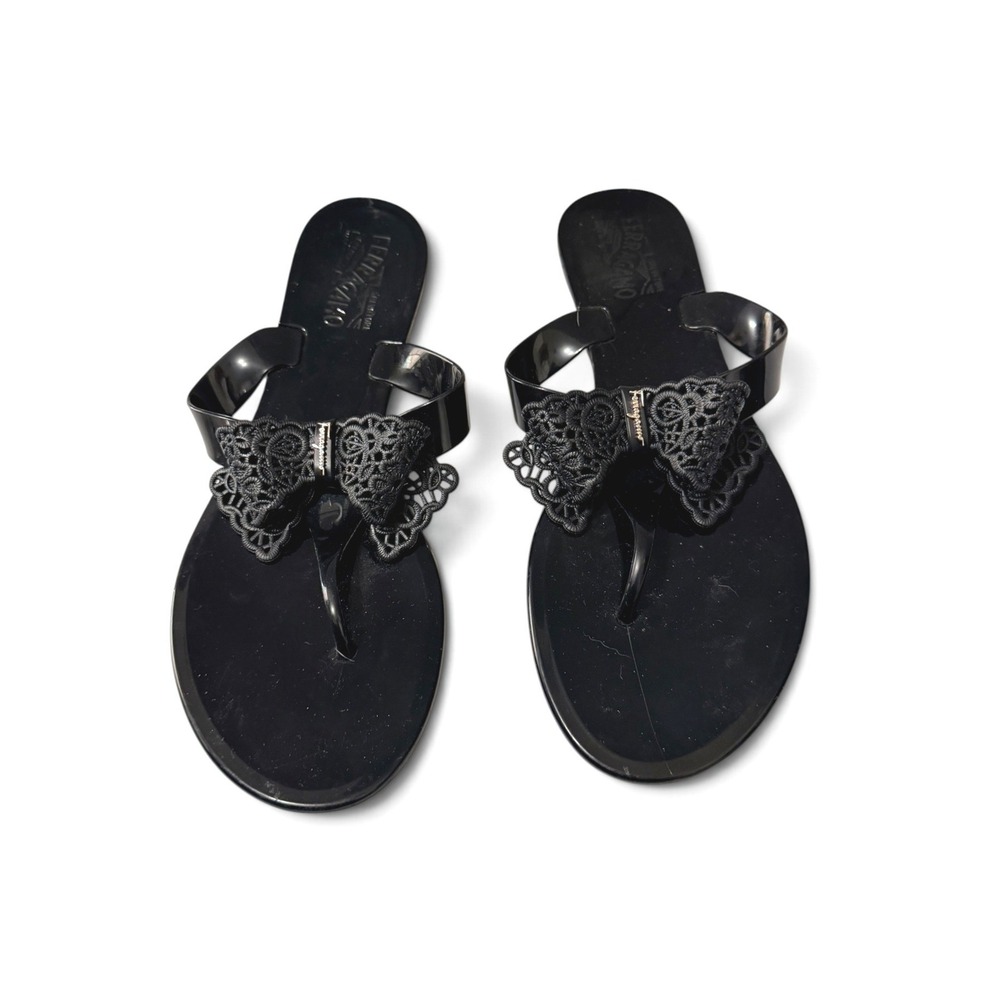 Salvatore Ferragamo Black Jelly Bow Thong flip flops Women's 9